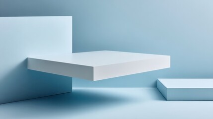 Poster - Sleek light blue backdrop presenting minimalist geometric composition with floating white cube platform, white blocks casting subtle shadows for premium product display