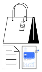 Poster - shopping bag with discount tag, document symbolizing reports, and digital analytics interface showin