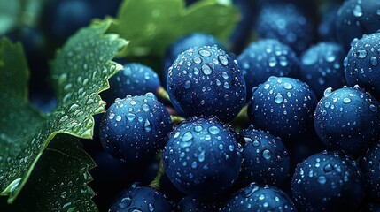 Wall Mural - wet, dark grapes bunch with dew-covered green leaves