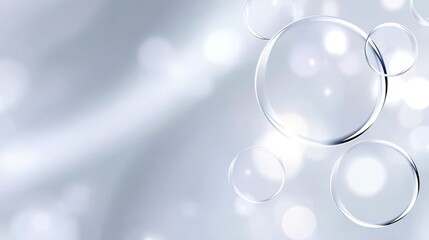 Poster - Transparent soap bubbles drifting across soft white background, displaying delicate reflections and ethereal luminosity with gentle, dreamlike quality