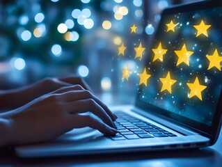 Hands type on a laptop displaying gold stars against a bokeh background, representing positive feedback and reviews for online services or content with dedication.
