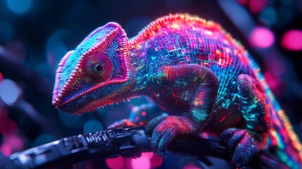 Poster - Vibrant chameleon in neon colors on dark background.