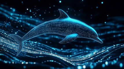 Poster - Abstract digital dolphin swimming in glowing blue water.