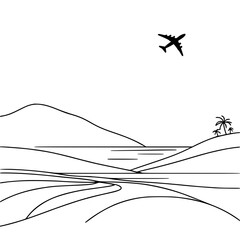 Poster - Minimalist landscape with mountains, sea, and airplane in flight - Concept of single line outline vector  