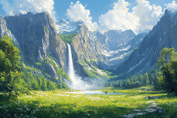 Poster - Serene mountain valley landscape with a majestic waterfall cascading down towering cliffs into a tranquil meadow.