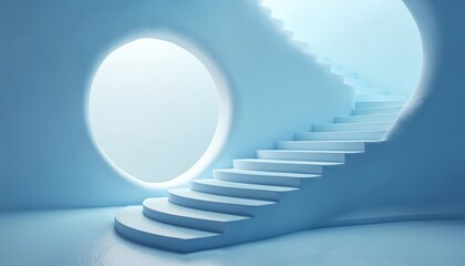 Aufkleber - Abstract serene blue space with flowing shapes, stairs. Interior modern design with light. Smooth curves, minimalistic futuristic. Clean pathway to open sky. Architectural minimalistic