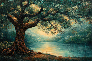 Poster - A majestic oak tree by a serene lake, bathed in the golden light of sunset.