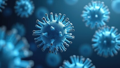 Poster - Microscopic view of virus cells in blue tones. Detailed 3D rendering of pathogen cells structure. Concept image for medical science publications about pandemic influenza, coronavirus, infection,
