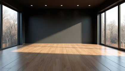 Leinwandbilder - Empty minimalist modern living room with black walls, wooden floor. Large windows with natural sunlight. Blank space for design, mock-up. Interior background with loft style.