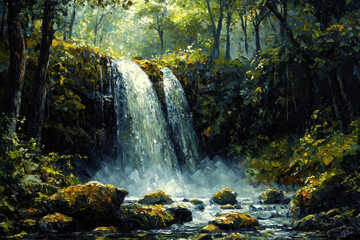 Aufkleber - Serene waterfall cascading through lush green forest, sunlight dappling the rocks and water.