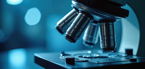 Poster - Close-up of laboratory optical microscope with metal lens. Scientific research, data analysis, experiment, tech in clinic. Biology, chemistry, microbiology studies. Health care medicine.