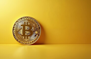 Poster - Golden Bitcoin coin on yellow background. Cryptocurrency concept for finance, investment, trade, business, payment. Electronic money. Digital currency. Gold coin with symbol. Financial technology,