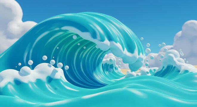 Cartoon Ocean Waves Vibrant Teal 3D Render of Rolling Surf