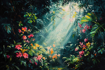Aufkleber - Sunbeams illuminate a lush, vibrant rainforest teeming with colorful orchids and tropical foliage.