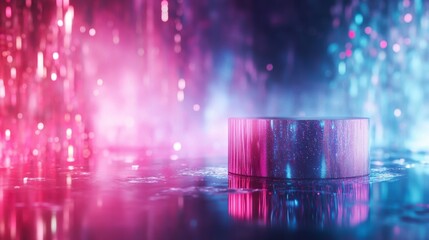 Poster - Neon-lit cylindrical platform on reflective surface with bokeh background.
