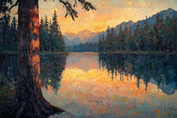 Poster - Serene sunset over a calm lake reflecting the golden sky and mountain range, framed by a majestic tree.