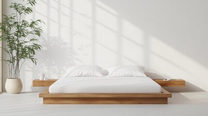 Poster - Minimalist bedroom with wooden platform bed, sunlight streaming through window, and potted plant.