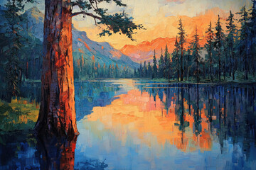 Poster - Sunset over a serene lake, reflecting vibrant colors in the mountains, with a majestic tree standing tall by the water's edge.