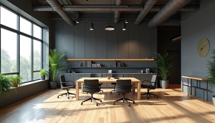 Poster - Modern office interior with contemporary design. Empty meeting room with table chairs big window. Stylish office decor, sunlight, plants. Ideal for business, corporate theme, workspace, commercial