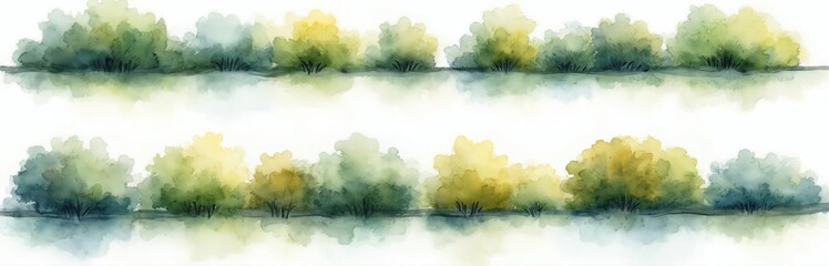 Poster - Watercolor illustration of deciduous bushes reflected in water. Hand-drawn artwork. Green, yellow shades. Nature landscape, eco design for prints, posters, cards, web design. Calm and serene scene.