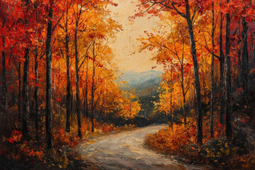 Aufkleber - Autumnal road winds through a vibrant forest of orange and red trees, leading to distant mountains.