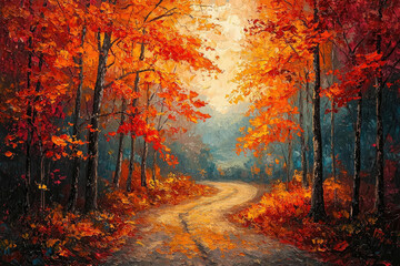Poster - A winding path through a vibrant autumn forest, showcasing rich orange and red foliage.
