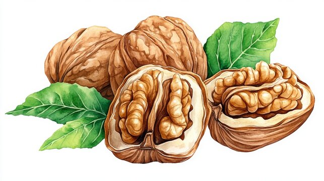A white background serves as the setting for a watercolor illustration of walnuts accompanied by leaves