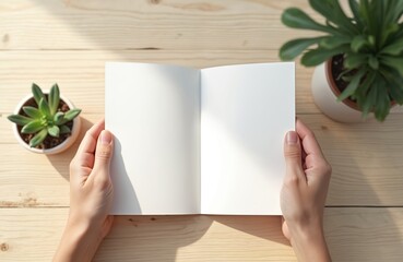 Aufkleber - Hands holding open blank white brochure mockup. Open book with empty pages, two succulent plants on wooden table. Perfect for design, presentation of business, marketing, advertisement, brand