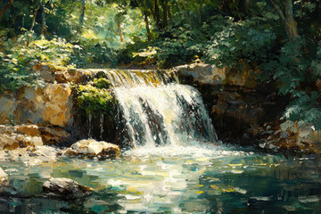 Aufkleber - Serene waterfall cascading through lush green forest, sunlight dappling the water.