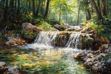 Aufkleber - Serene forest waterfall cascading over rocks, sunlight filtering through leaves.