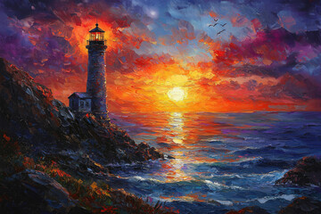 Poster - A solitary lighthouse stands tall against a vibrant sunset, casting its beam across the dramatic ocean waves.