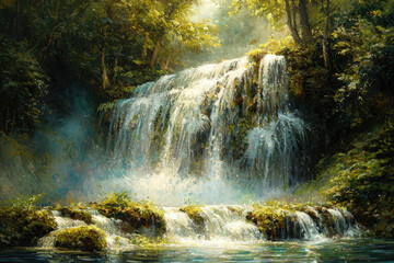 Aufkleber - Serene waterfall cascading through lush green forest, sunlight filtering through leaves.