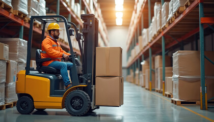 Aufkleber - Forklift operator moves boxes in industrial warehouse. Logistics operations, efficient storage supply chain management concept. Worker in warehouse using forklift transport cargo for inventory