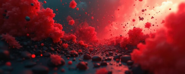 Aufkleber - Illustration featuring red and black geometric shapes exploding in 3D space. Chaotic burst energy explosion concept. Dynamic motion with futuristic elements. Ideal for science fiction covers posters.