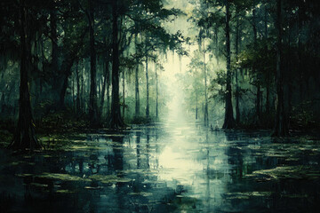 Aufkleber - Serene swamp landscape with misty light filtering through ancient cypress trees reflecting on still water.
