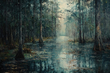 Aufkleber - Serene swamp landscape, cypress trees reflected in still water, tranquil atmosphere.