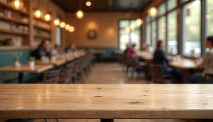 Aufkleber - Empty wooden table in front of blurred cafe. Brown wood surface perspective over blur background. Use for product display, presentation. Mock up of wooden desk in restaurant. Cafe, eatery, bar scene.