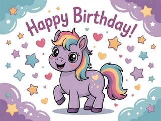  Whimsical pony birthday illustration with rainbow mane and tail design