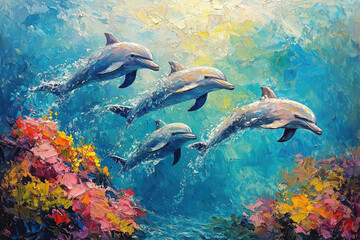 Poster - Four dolphins gracefully swim through vibrant coral reefs in a sunlit ocean.