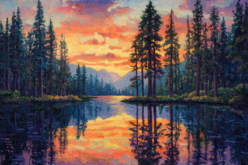 Poster - Vibrant sunset paints the sky over a serene lake, reflected perfectly in the still water, surrounded by tall evergreen trees.