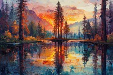 Poster - Serene sunset over a tranquil lake, reflecting majestic pines and fiery skies.
