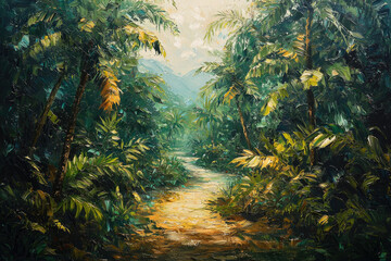 Poster - Serene path through lush tropical jungle, vibrant greens, sunlight filters through dense foliage.