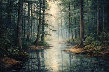 Aufkleber - Serene forest stream reflecting sunlight through tall trees, creating a mystical atmosphere.