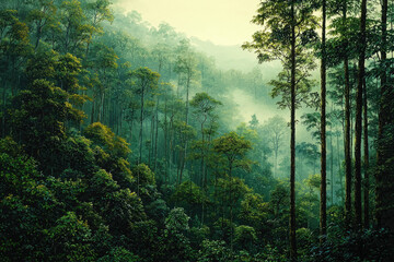 Aufkleber - Misty morning in a lush green forest, dense vegetation and tall trees creating a serene atmosphere.