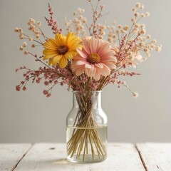 Aufkleber - Dried flowers composition inside glass vase on white wooden table. Floral decor in home interior. Aesthetic photo with natural light. Soft color palette, minimalist design.