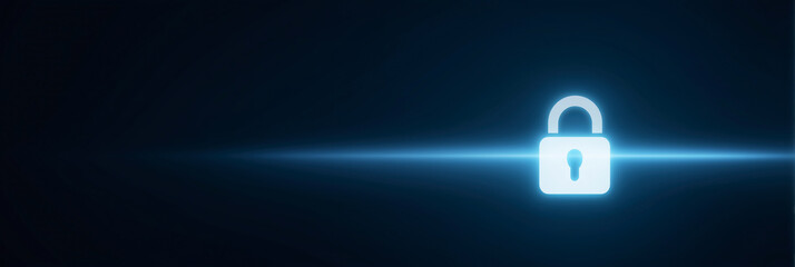 Poster - Digital lock symbol glowing against a dark background representing security, protection, and privacy in the modern digital age, cybersecurity concept