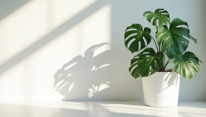 Aufkleber - Monstera plant in white pot cast shadow on white wall. Sunlight creates contrast between green plant leaves and minimalistic home decor. Modern interior design, natural light, home decoration, nature.