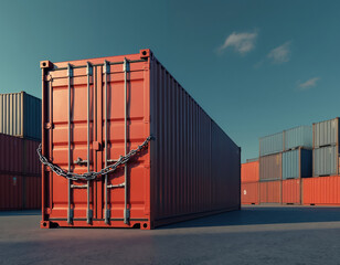 Aufkleber - Red shipping container chained, symbolizes trade barriers, economic restrictions in global commerce. Industrial scene highlights limitations, challenges in import, export supply chains.