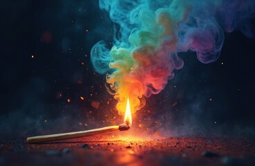 Poster - Burning match falls. Sparks, colorful smoke in dark. Fire flame, heat, light, smoke, burn. Abstract concept, creativity, inspiration, danger, risk. Art, design, illustration, wallpaper.