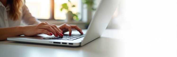 Aufkleber - Woman hands typing on computer keyboard closeup. Businesswoman student uses laptop at home for online learning internet marketing. Freelance remote work. Office workplace. Working from home concept.